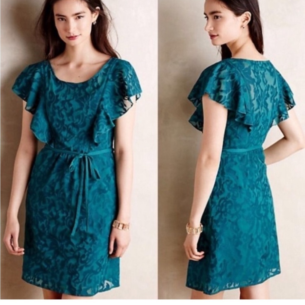 Anthropologie Moulinette Soeurs NWT Teal Green Fluttered Scrollwork Mini Dress